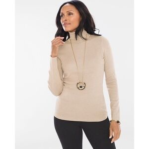 Chicos Sz L Ribbed Turtleneck Beige‎ Stretch Long sleeves Blouse Base Layer